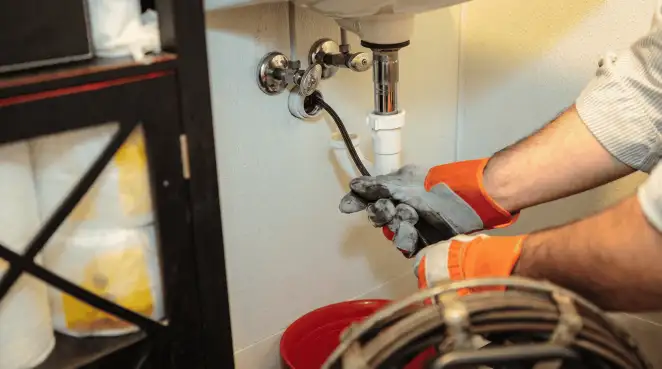 Drain cleaning technician using a motorized plumbing snake to clear a clogged sink pipe in Long Beach, CA