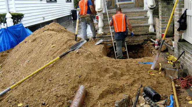 Contractors performing foundation protection and exterior drainage excavation near residential home steps in Long Beach, CA