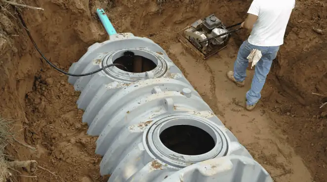 Septic tank installation showing a technician compacting soil around a new poly septic tank in an excavation pit in Long Beach, CA